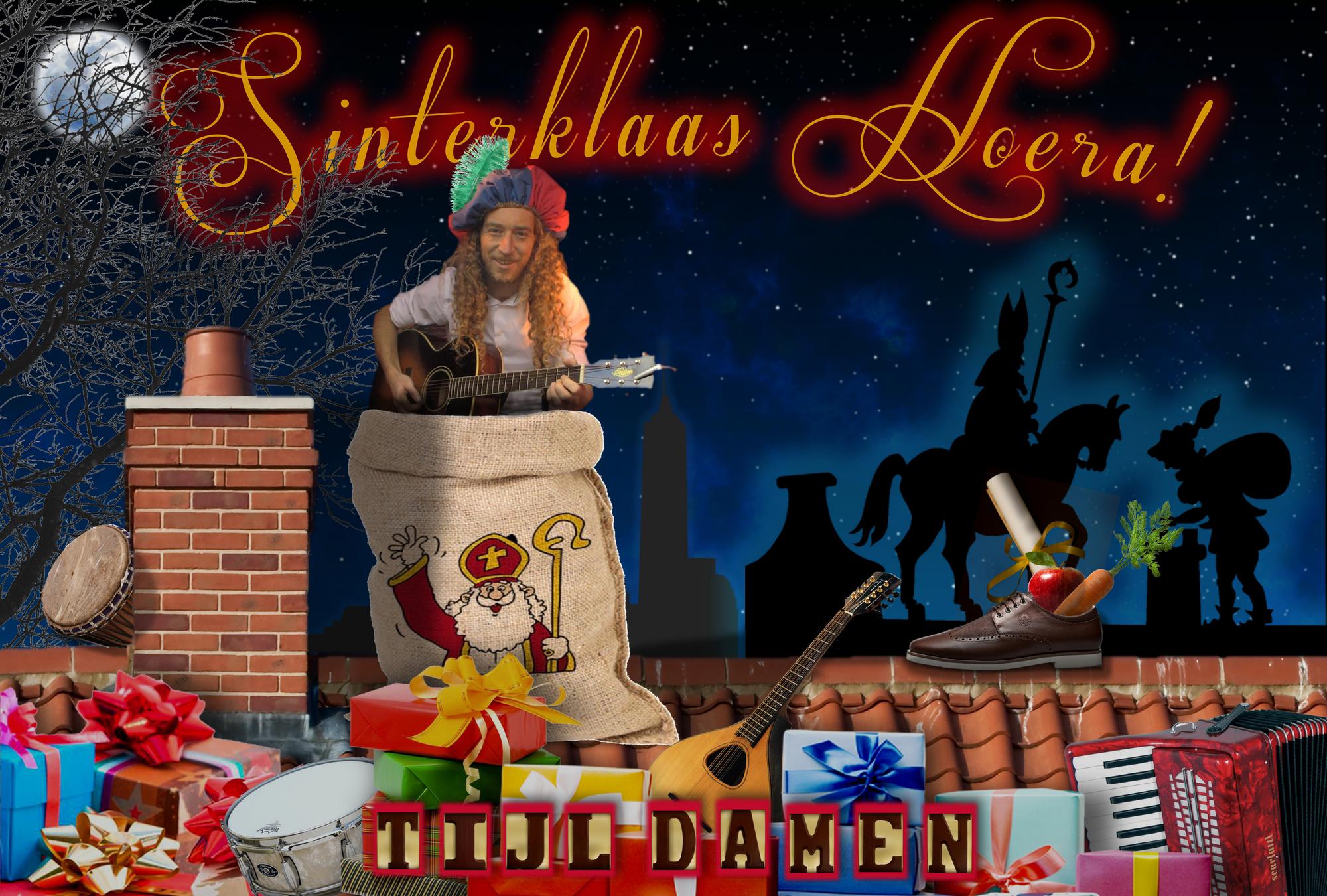 De poster van 'Sinterklaas, Hoera!', de interactieve muziektheatervoorstelling / sinterklaasvoorstelling van Tijl Damen